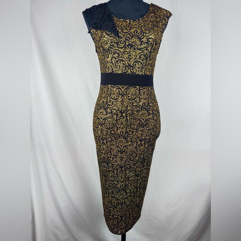 Beware! Metallic Gold & Black Lace Sleeveless Evening Dress